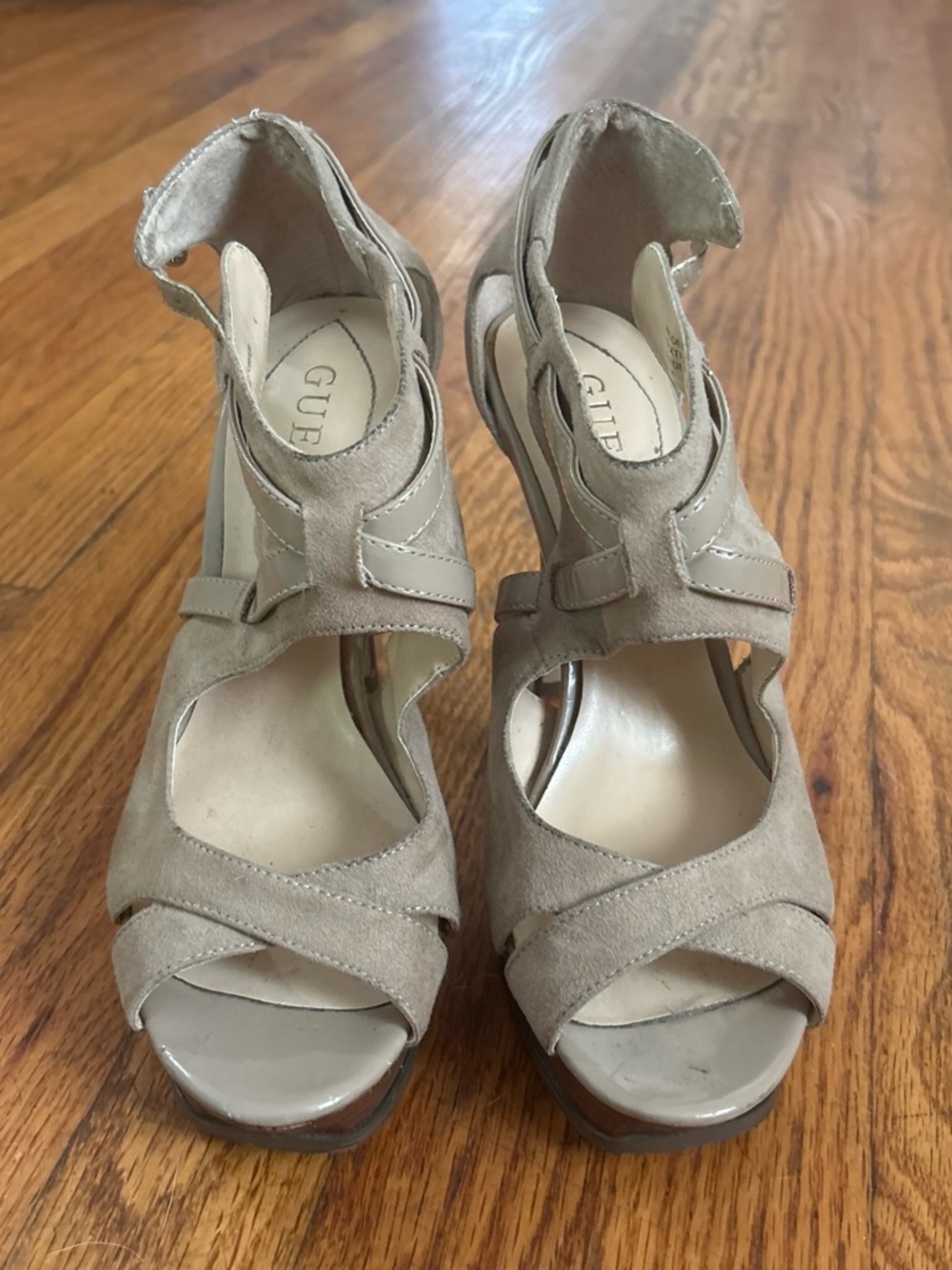 GUESS Taupe Suede Peep-Toe Platform Heels